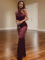 Bodycon Sheath/Column Halter Floor-Length Silk like Satin Bridesmaid Dress With Pleated