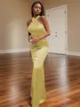 Bodycon Sheath/Column Halter Floor-Length Silk like Satin Bridesmaid Dress With Pleated