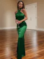 Bodycon Sheath/Column Halter Floor-Length Silk like Satin Bridesmaid Dress With Pleated