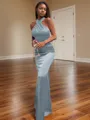 Bodycon Sheath/Column Halter Floor-Length Silk like Satin Bridesmaid Dress With Pleated