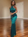 Bodycon Sheath/Column Halter Floor-Length Silk like Satin Bridesmaid Dress With Pleated