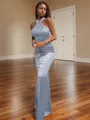 Bodycon Sheath/Column Halter Floor-Length Silk like Satin Bridesmaid Dress With Pleated