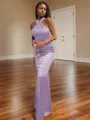 Bodycon Sheath/Column Halter Floor-Length Silk like Satin Bridesmaid Dress With Pleated