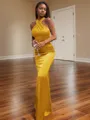 Bodycon Sheath/Column Halter Floor-Length Silk like Satin Bridesmaid Dress With Pleated