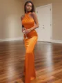 Bodycon Sheath/Column Halter Floor-Length Silk like Satin Bridesmaid Dress With Pleated