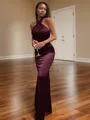 Bodycon Sheath/Column Halter Floor-Length Silk like Satin Bridesmaid Dress With Pleated