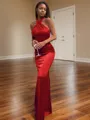 Bodycon Sheath/Column Halter Floor-Length Silk like Satin Bridesmaid Dress With Pleated