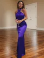 Bodycon Sheath/Column Halter Floor-Length Silk like Satin Bridesmaid Dress With Pleated