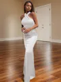 Bodycon Sheath/Column Halter Floor-Length Silk like Satin Bridesmaid Dress With Pleated