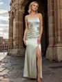 Clingy Sheath Spaghetti Straps Floor-Length Silk Like Satin Corset Bridesmaid Dress With Slit