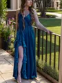 A-line Chic V-neck Floor-Length Satin Chiffon Bridesmaid Dress With Slit