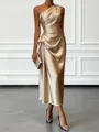 Opulent Sheath One-Shoulder Pleated Tea-Length Silk Like Satin Corset Bridesmaid Dress