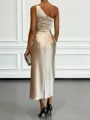 Opulent Sheath One-Shoulder Pleated Tea-Length Silk Like Satin Corset Bridesmaid Dress