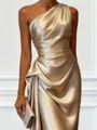 Opulent Sheath One-Shoulder Pleated Tea-Length Silk Like Satin Corset Bridesmaid Dress