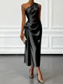 Opulent Sheath One-Shoulder Pleated Tea-Length Silk Like Satin Corset Bridesmaid Dress