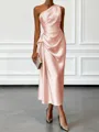 Opulent Sheath One-Shoulder Pleated Tea-Length Silk Like Satin Corset Bridesmaid Dress