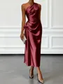Opulent Sheath One-Shoulder Pleated Tea-Length Silk Like Satin Corset Bridesmaid Dress