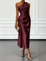 Opulent Sheath One-Shoulder Pleated Tea-Length Silk Like Satin Corset Bridesmaid Dress