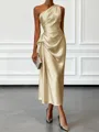 Opulent Sheath One-Shoulder Pleated Tea-Length Silk Like Satin Corset Bridesmaid Dress