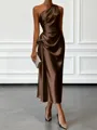 Opulent Sheath One-Shoulder Pleated Tea-Length Silk Like Satin Corset Bridesmaid Dress