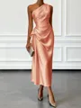 Opulent Sheath One-Shoulder Pleated Tea-Length Silk Like Satin Corset Bridesmaid Dress