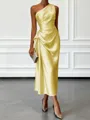 Opulent Sheath One-Shoulder Pleated Tea-Length Silk Like Satin Corset Bridesmaid Dress
