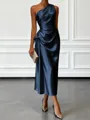 Opulent Sheath One-Shoulder Pleated Tea-Length Silk Like Satin Corset Bridesmaid Dress