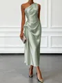 Opulent Sheath One-Shoulder Pleated Tea-Length Silk Like Satin Corset Bridesmaid Dress