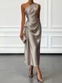 Opulent Sheath One-Shoulder Pleated Tea-Length Silk Like Satin Corset Bridesmaid Dress