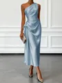 Opulent Sheath One-Shoulder Pleated Tea-Length Silk Like Satin Corset Bridesmaid Dress
