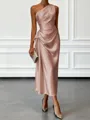 Opulent Sheath One-Shoulder Pleated Tea-Length Silk Like Satin Corset Bridesmaid Dress