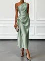 Opulent Sheath One-Shoulder Pleated Tea-Length Silk Like Satin Corset Bridesmaid Dress