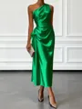 Opulent Sheath One-Shoulder Pleated Tea-Length Silk Like Satin Corset Bridesmaid Dress