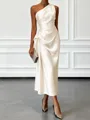 Opulent Sheath One-Shoulder Pleated Tea-Length Silk Like Satin Corset Bridesmaid Dress