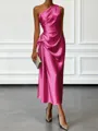 Opulent Sheath One-Shoulder Pleated Tea-Length Silk Like Satin Corset Bridesmaid Dress