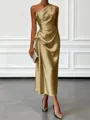 Opulent Sheath One-Shoulder Pleated Tea-Length Silk Like Satin Corset Bridesmaid Dress