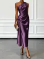 Opulent Sheath One-Shoulder Pleated Tea-Length Silk Like Satin Corset Bridesmaid Dress