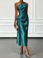 Opulent Sheath One-Shoulder Pleated Tea-Length Silk Like Satin Corset Bridesmaid Dress