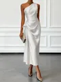 Opulent Sheath One-Shoulder Pleated Tea-Length Silk Like Satin Corset Bridesmaid Dress