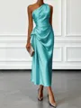 Opulent Sheath One-Shoulder Pleated Tea-Length Silk Like Satin Corset Bridesmaid Dress