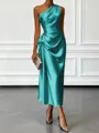 Opulent Sheath One-Shoulder Pleated Tea-Length Silk Like Satin Corset Bridesmaid Dress