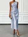 Opulent Sheath One-Shoulder Pleated Tea-Length Silk Like Satin Corset Bridesmaid Dress