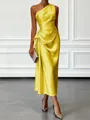 Opulent Sheath One-Shoulder Pleated Tea-Length Silk Like Satin Corset Bridesmaid Dress