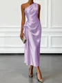 Opulent Sheath One-Shoulder Pleated Tea-Length Silk Like Satin Corset Bridesmaid Dress