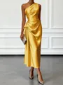 Opulent Sheath One-Shoulder Pleated Tea-Length Silk Like Satin Corset Bridesmaid Dress