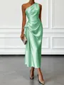 Opulent Sheath One-Shoulder Pleated Tea-Length Silk Like Satin Corset Bridesmaid Dress