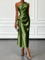 Opulent Sheath One-Shoulder Pleated Tea-Length Silk Like Satin Corset Bridesmaid Dress