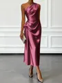 Opulent Sheath One-Shoulder Pleated Tea-Length Silk Like Satin Corset Bridesmaid Dress