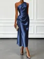 Opulent Sheath One-Shoulder Pleated Tea-Length Silk Like Satin Corset Bridesmaid Dress