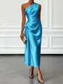 Opulent Sheath One-Shoulder Pleated Tea-Length Silk Like Satin Corset Bridesmaid Dress